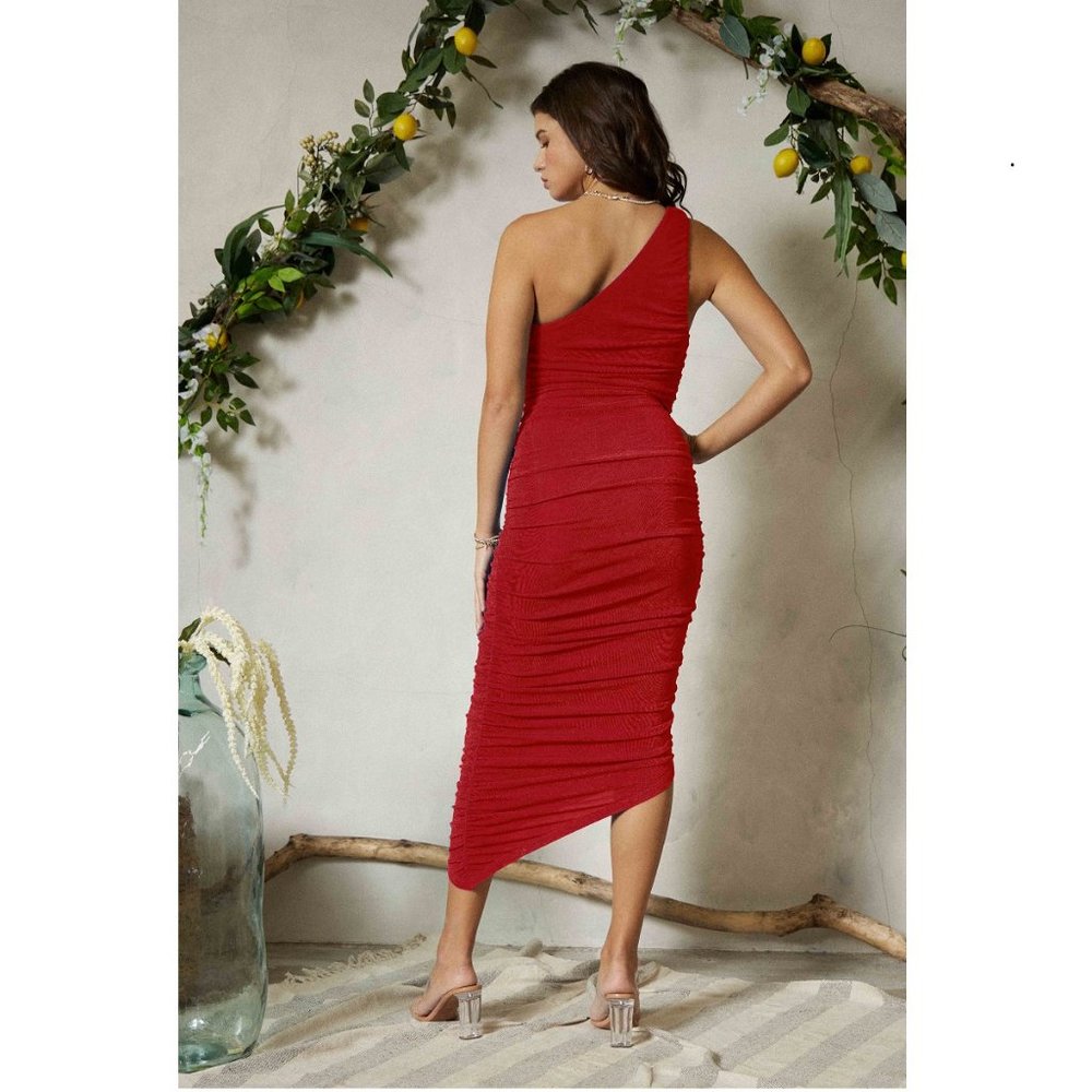One Shoulder Ruched Bodycon Dress Sleeveless Formal Evening Dress Poppy Red - Picture 4 of 7